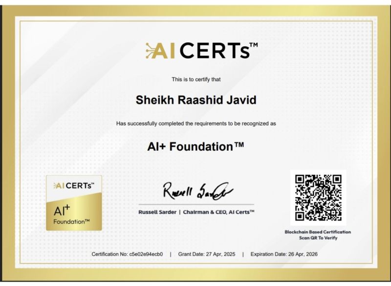 Certificate Earned By Sheikh Raashid Javid