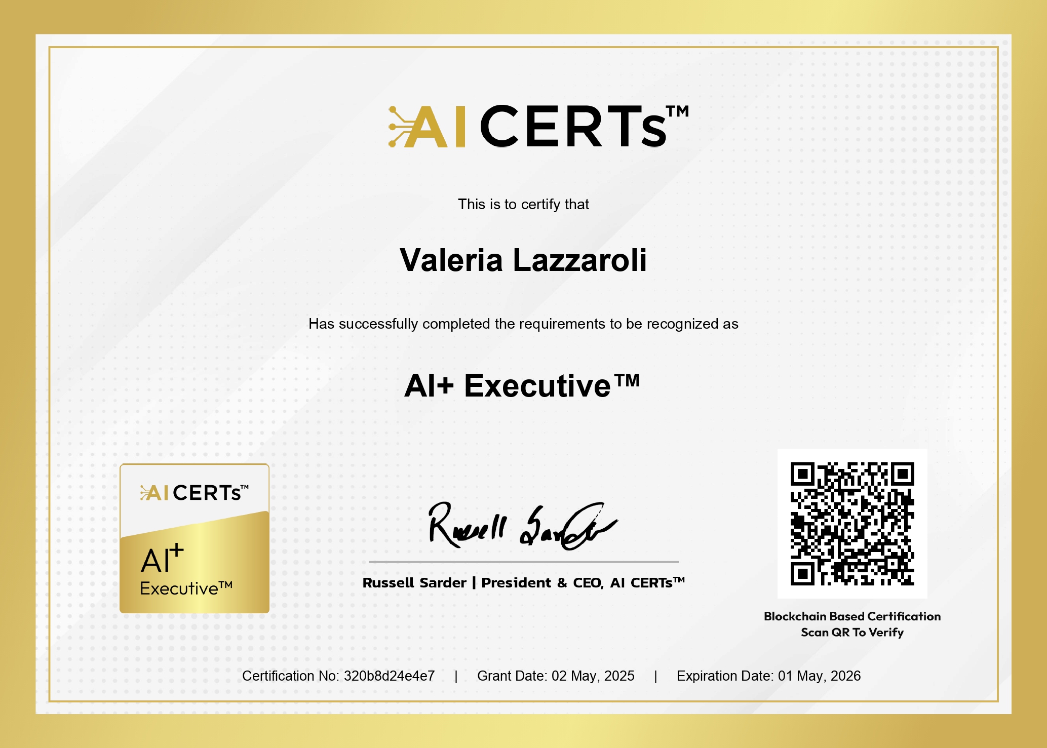 Certificate Earned By Valeria Lazzaroli
