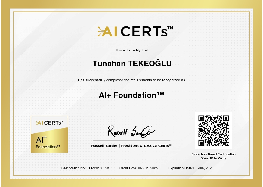 Certificate Earned By Tunahan TEKEOGLU