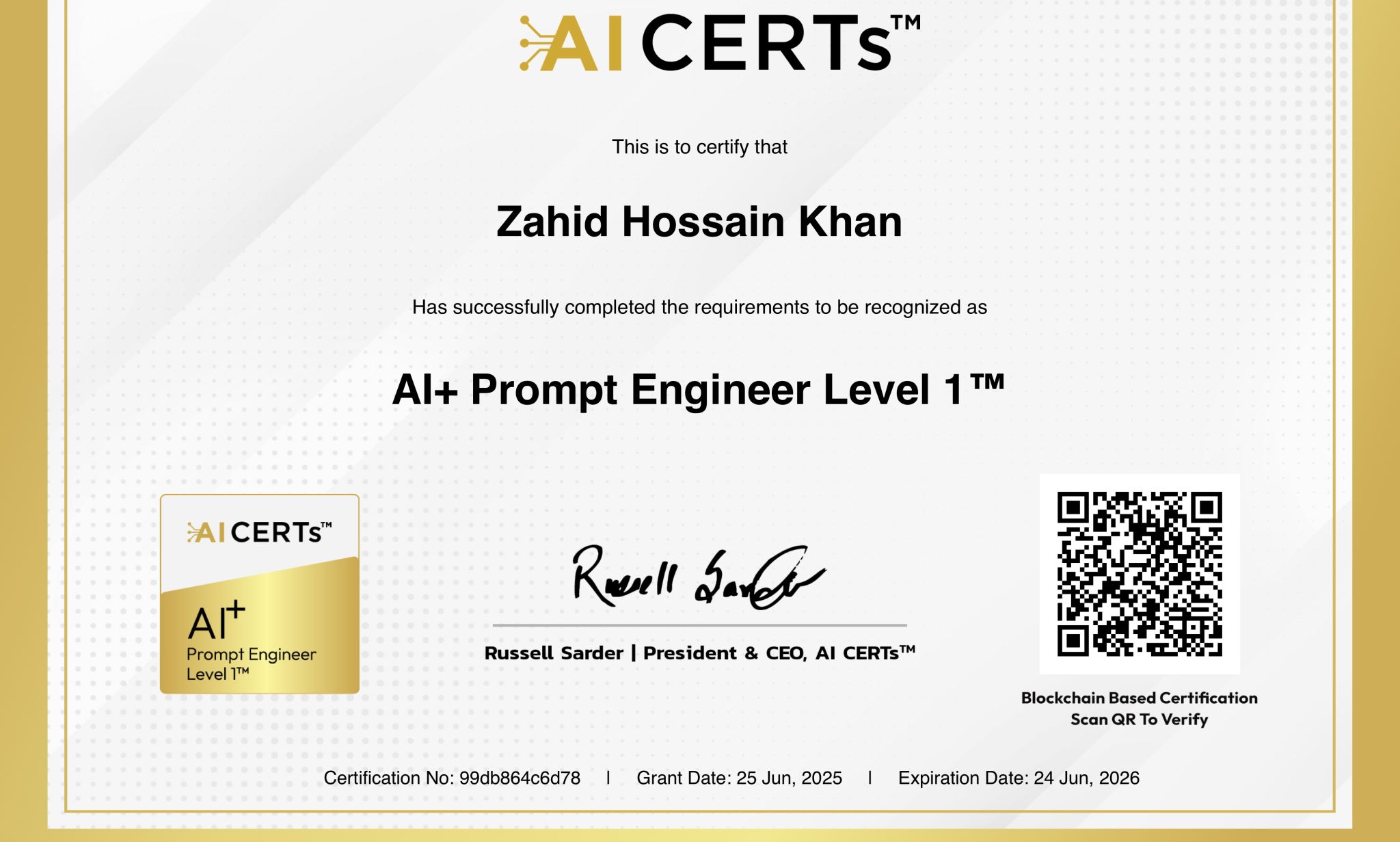 Certificate Earned By Zahid Hossain Khan (Zade)