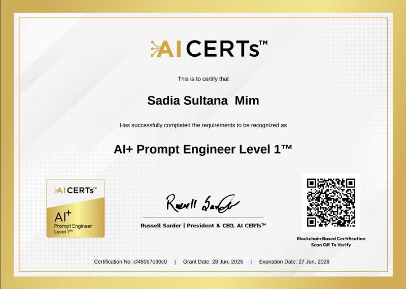 Certificate Earned By Sadia Sultana Mim