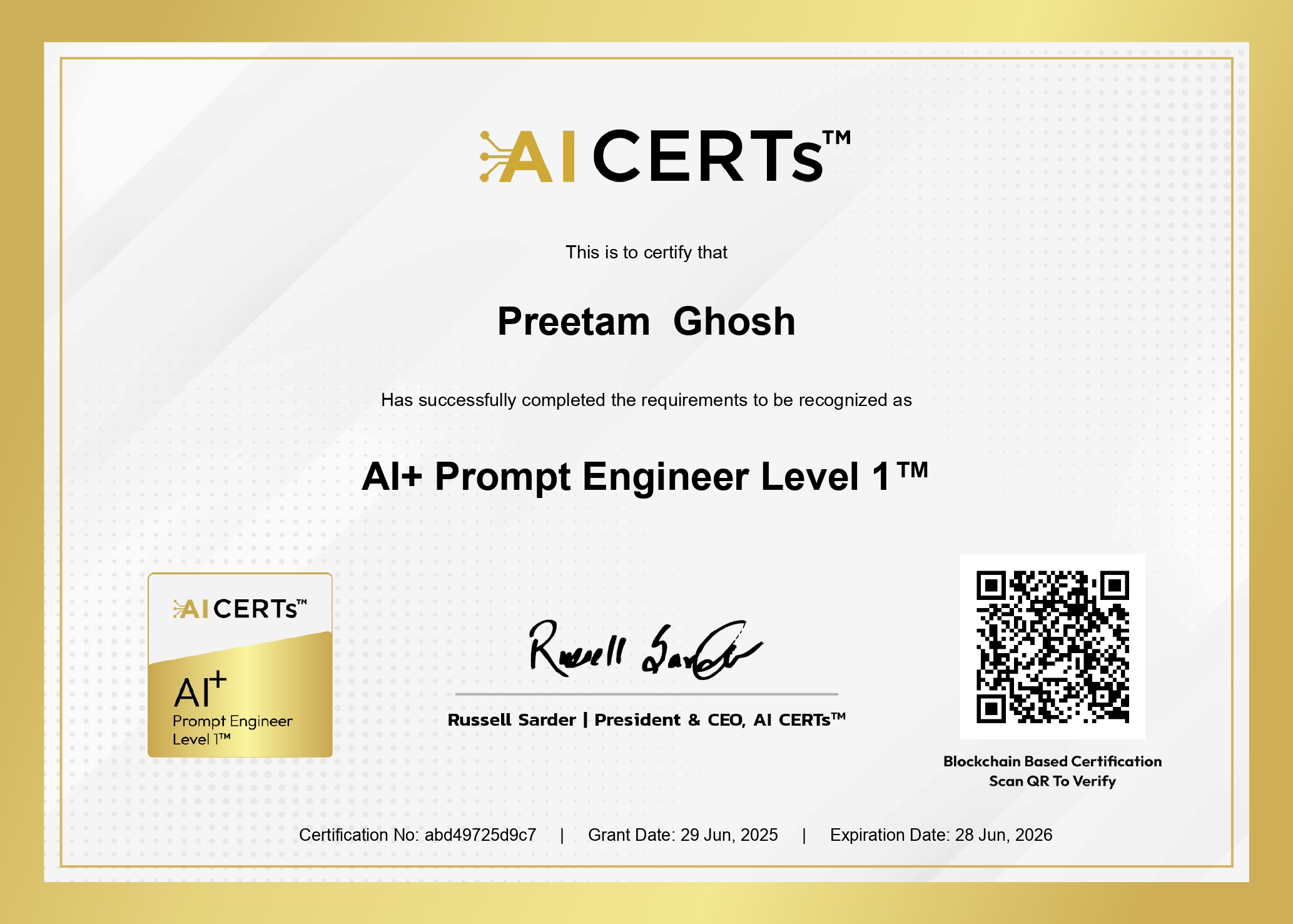 Certificate Earned By Preetam Kumar Ghosh
