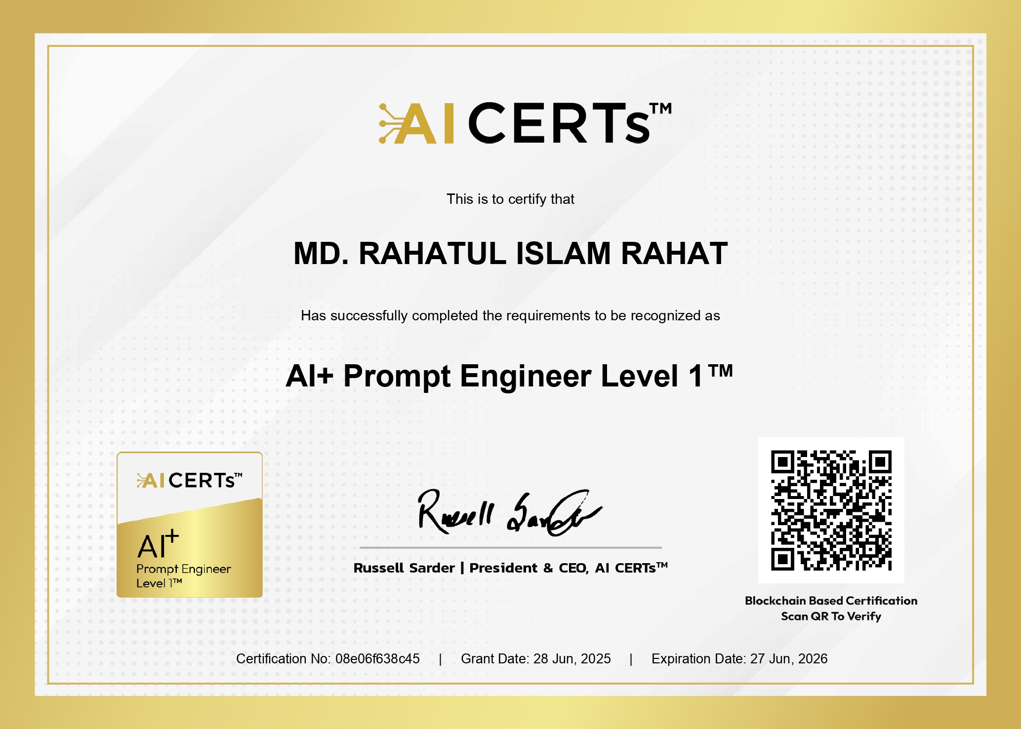 Certificate Earned By MD. RAHATUL ISLAM RAHAT
