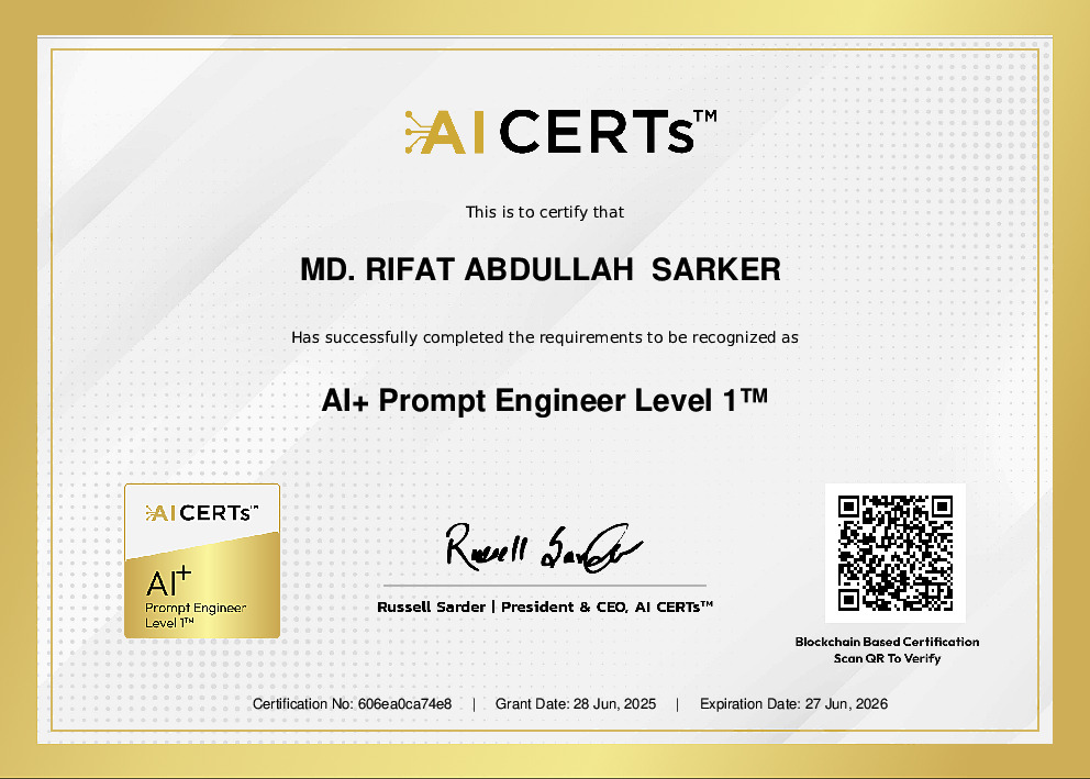 Certificate Earned By MD.RIFAT ABDULLAH SARKER