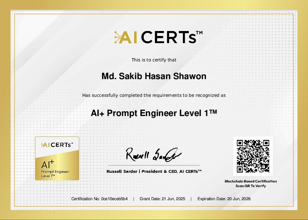 Certificate Earned By Md Sakib Hasan Shawon