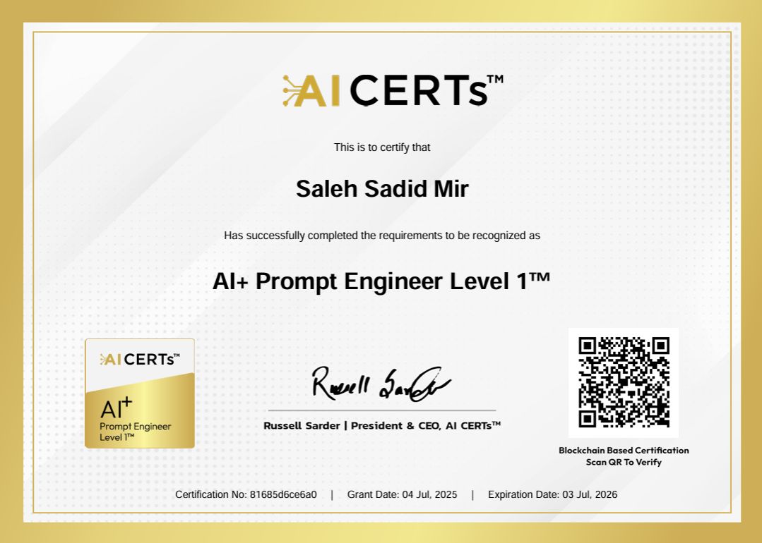 Certificate Earned By Saleh Sadid Mir