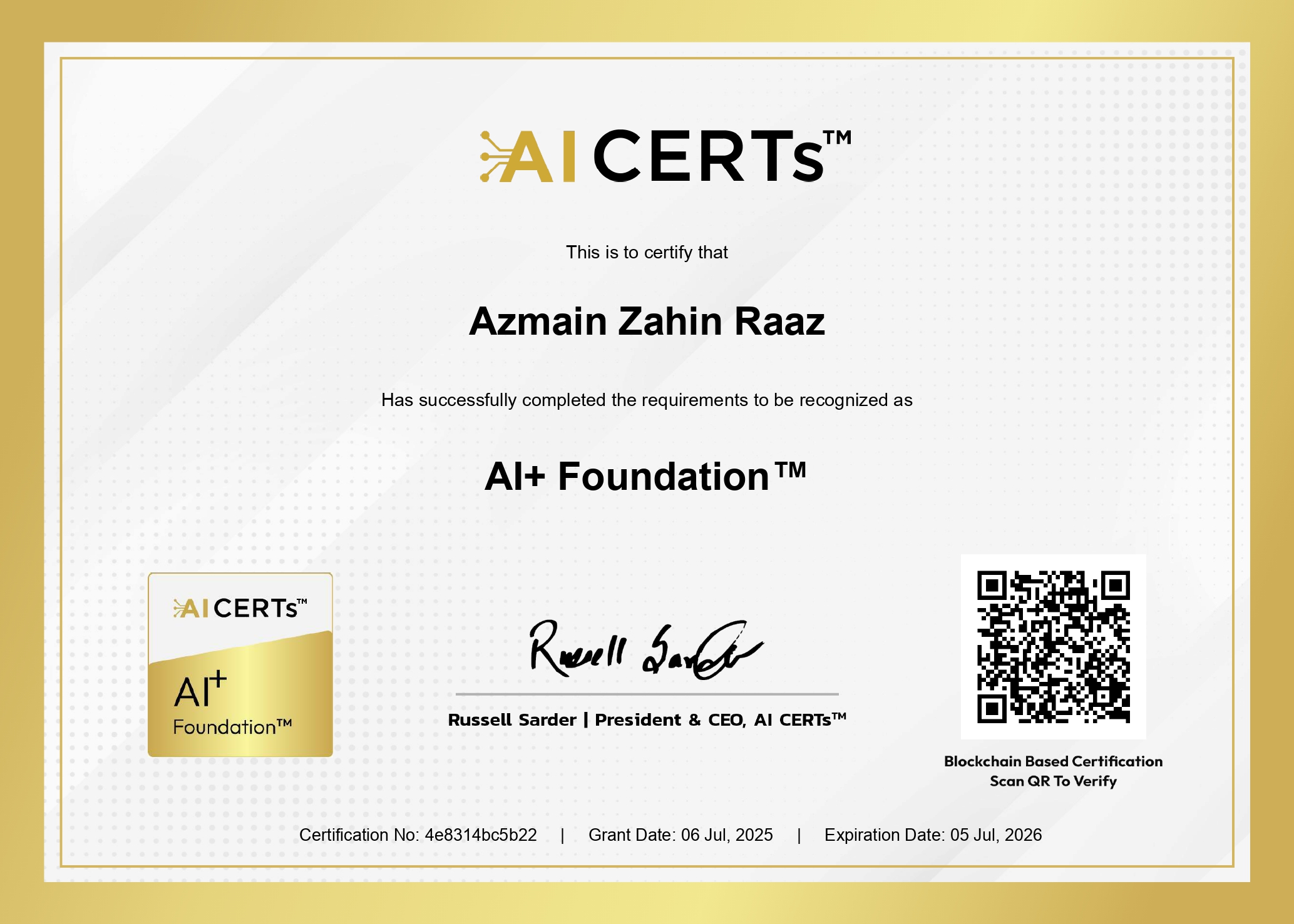 Certificate Earned By Azmain Zahin Raaz