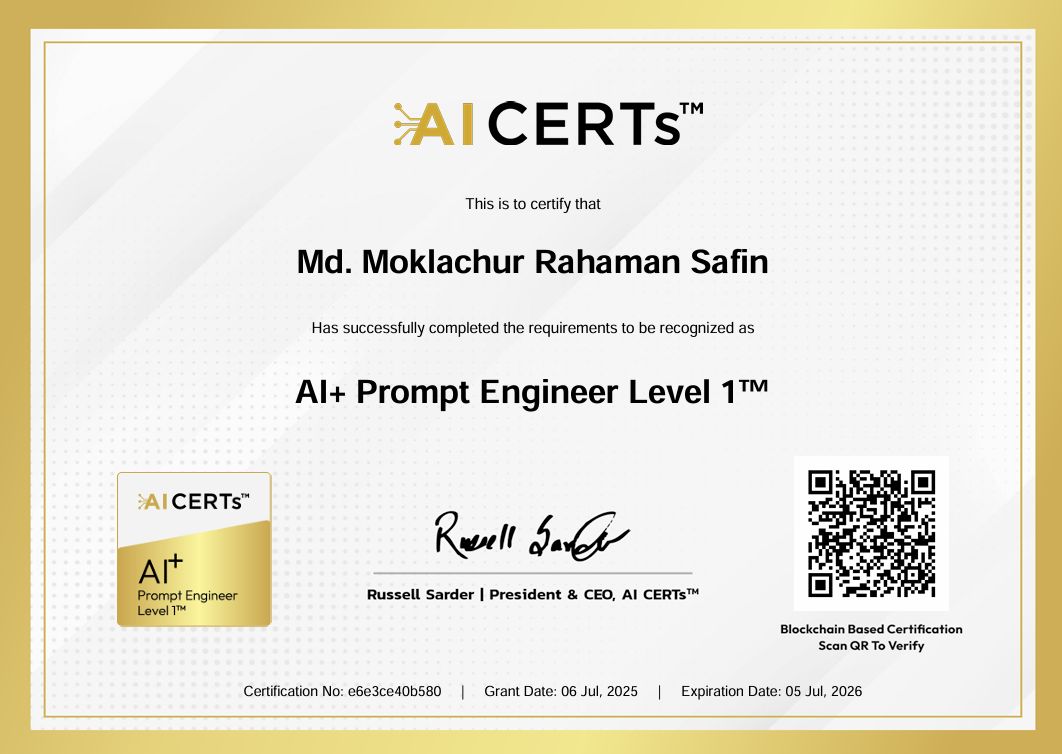 Certificate Earned By Md. Moklachur Rahaman Safin