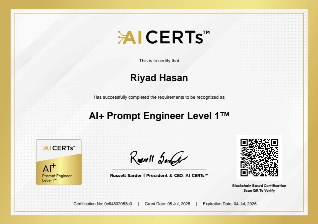 Certificate Earned By Riyad Hasan