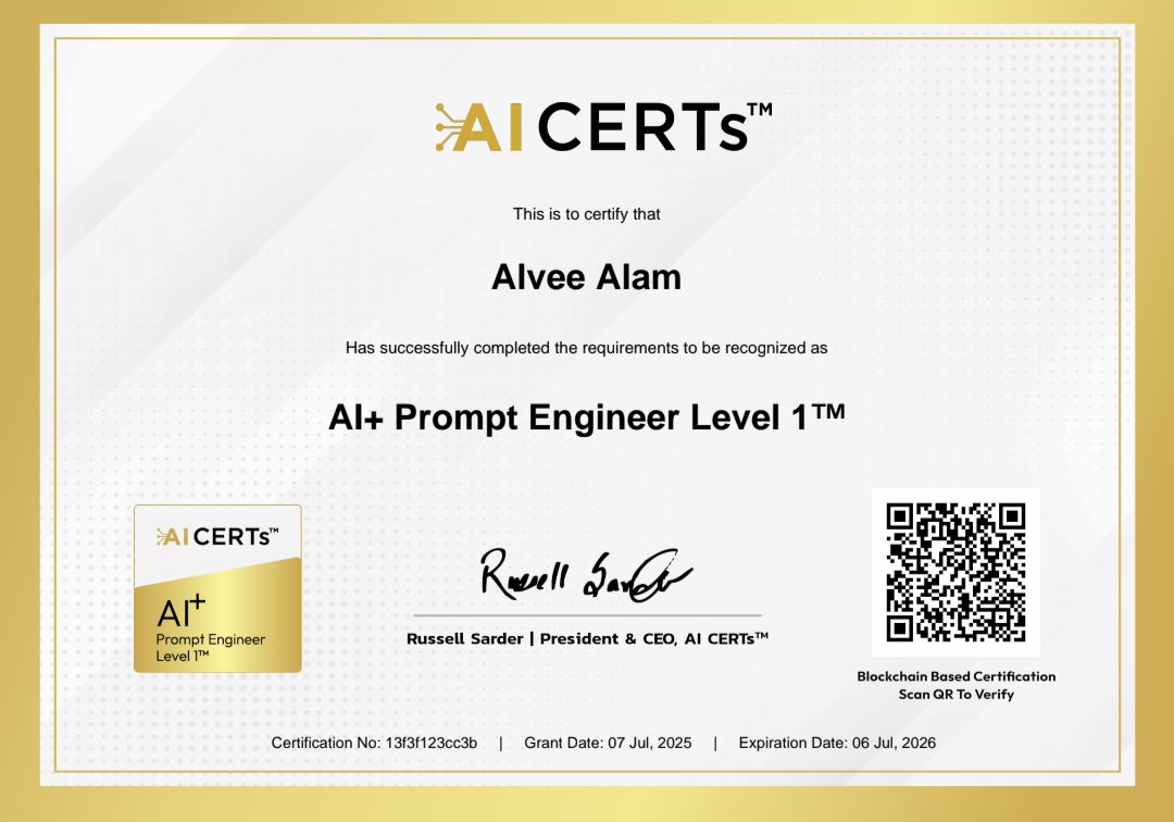 Certificate Earned By Alvee Alam