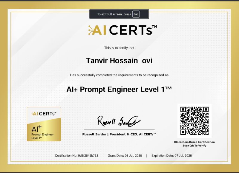 Certificate Earned By Tanvir Hossain Ovi