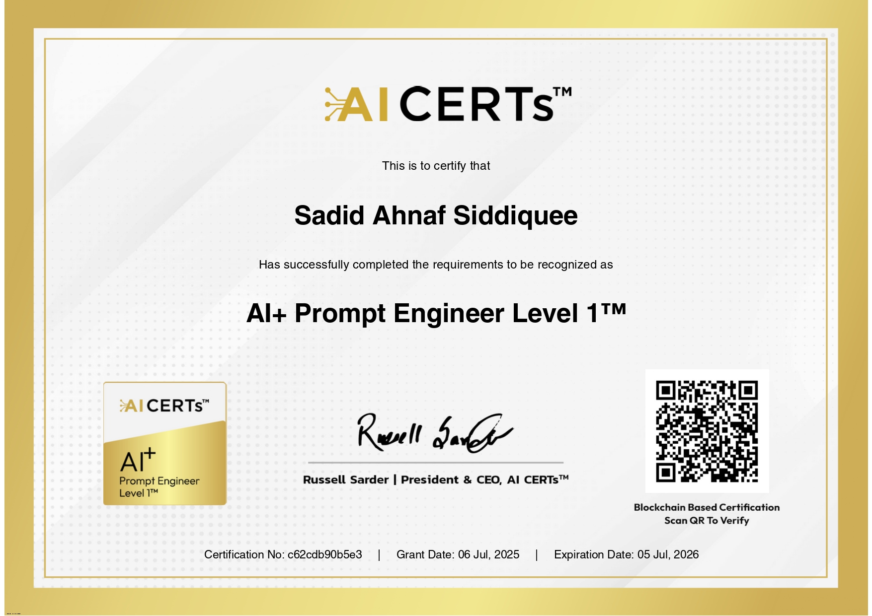 Certificate Earned By Sadid Ahnaf Siddiquee