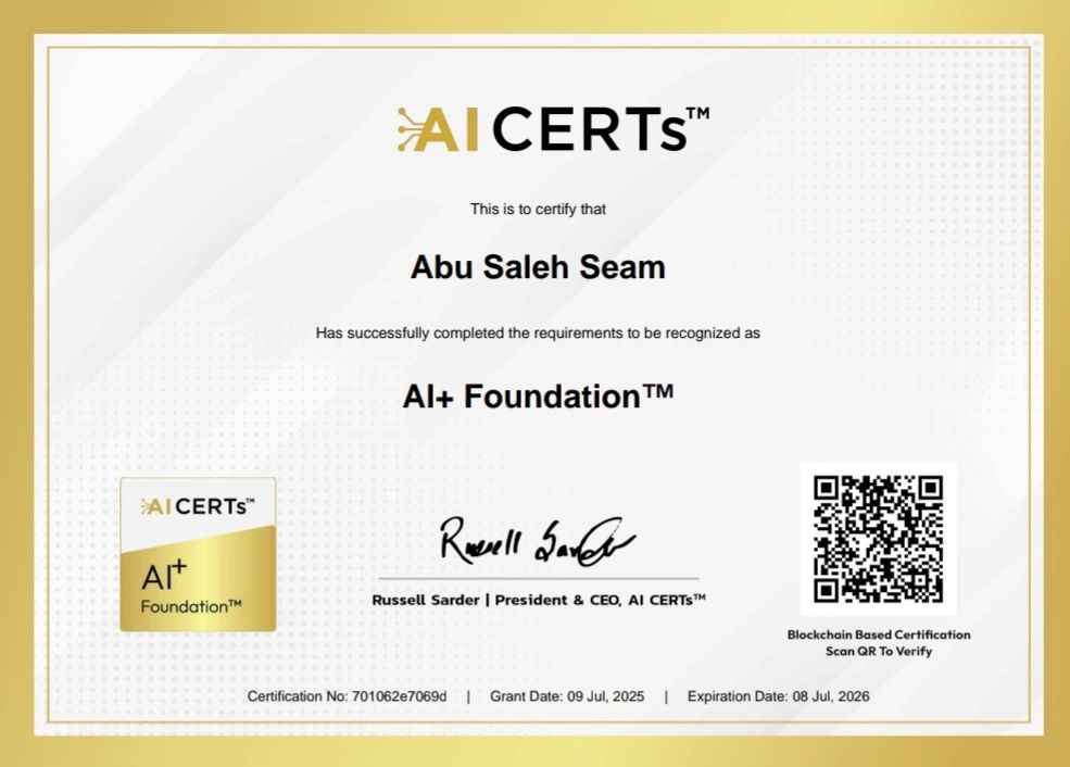 Certificate Earned By Abu Saleh Seam