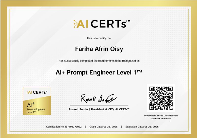 Certificate Earned By Fariha Afrin Oisy