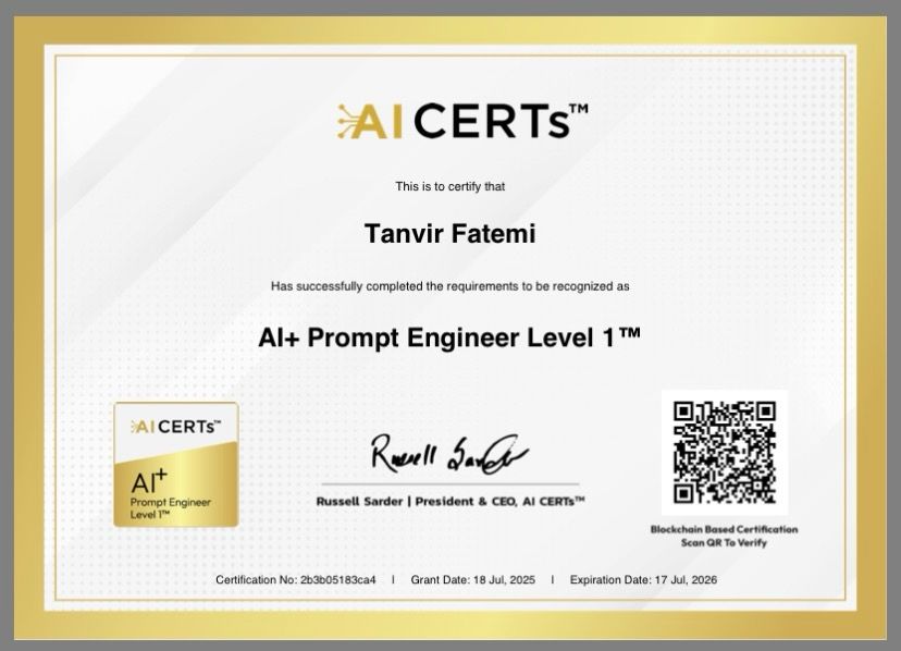 Certificate Earned By Tanvir Fatemi