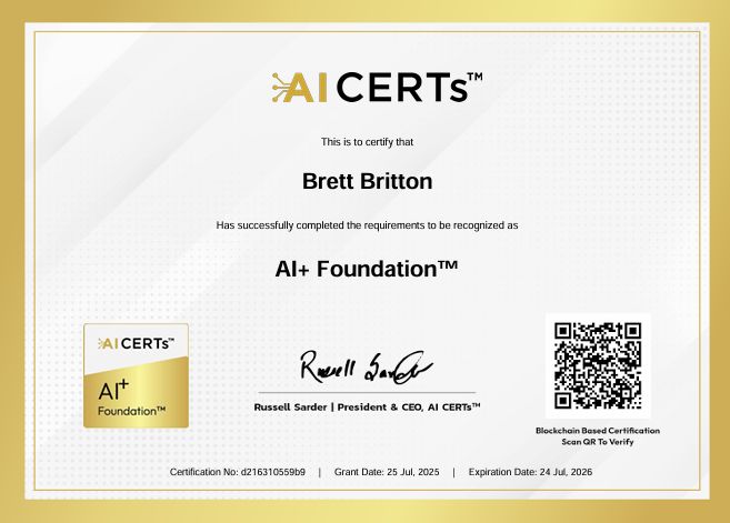 Certificate Earned By Brett Britton