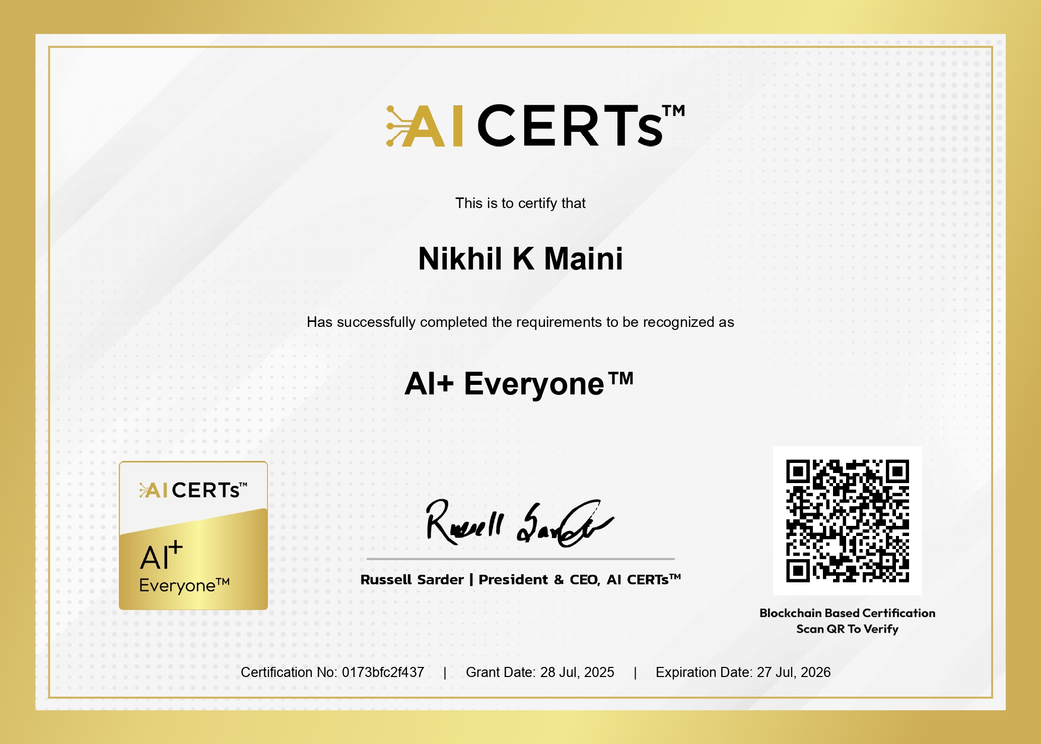 Certificate Earned By Nikhil K Maini