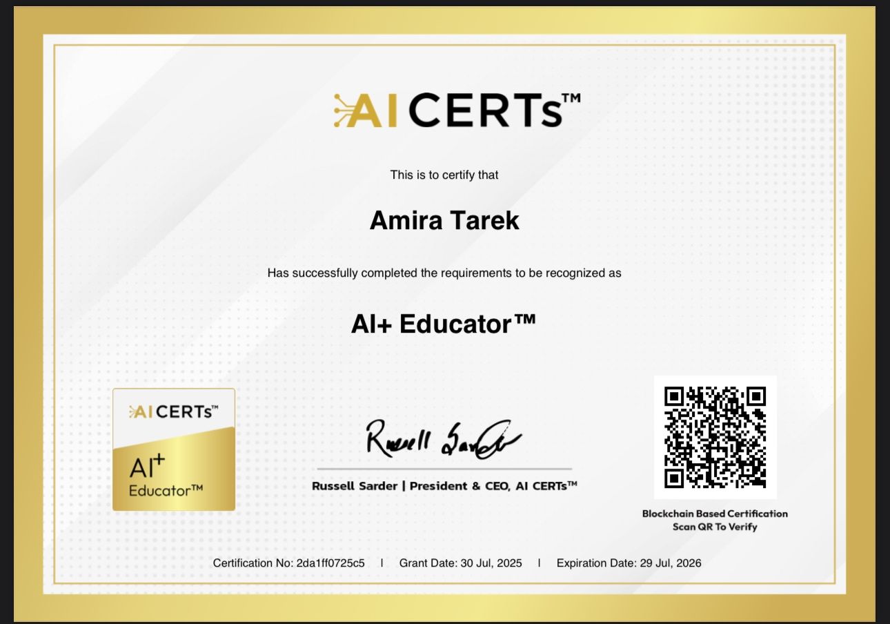 Certificate Earned By Eng. Amira Tarek