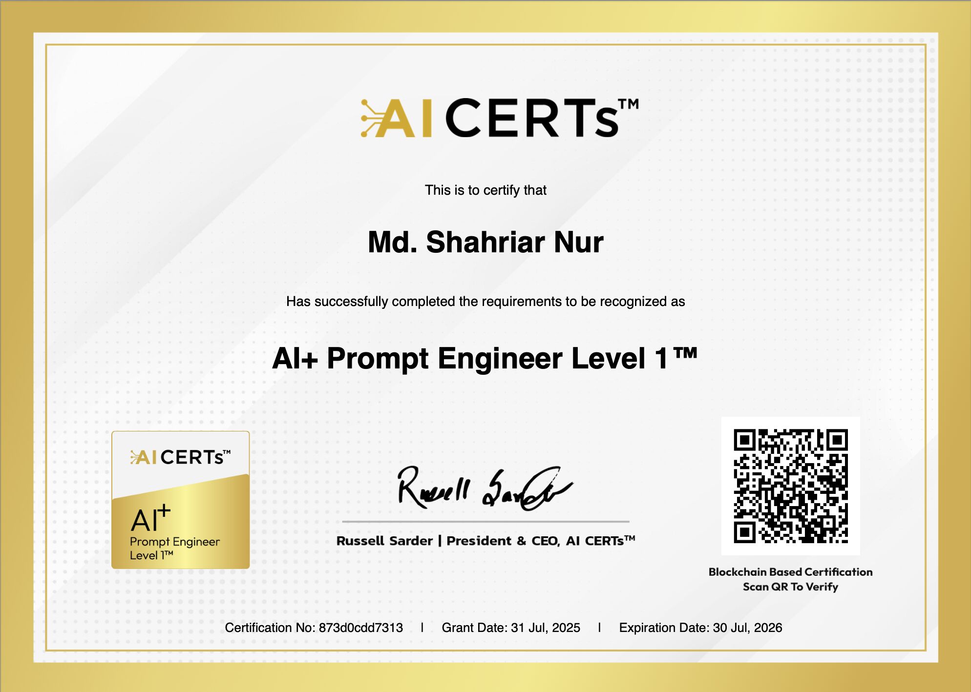 Certificate Earned By MD. Shahriar Nur