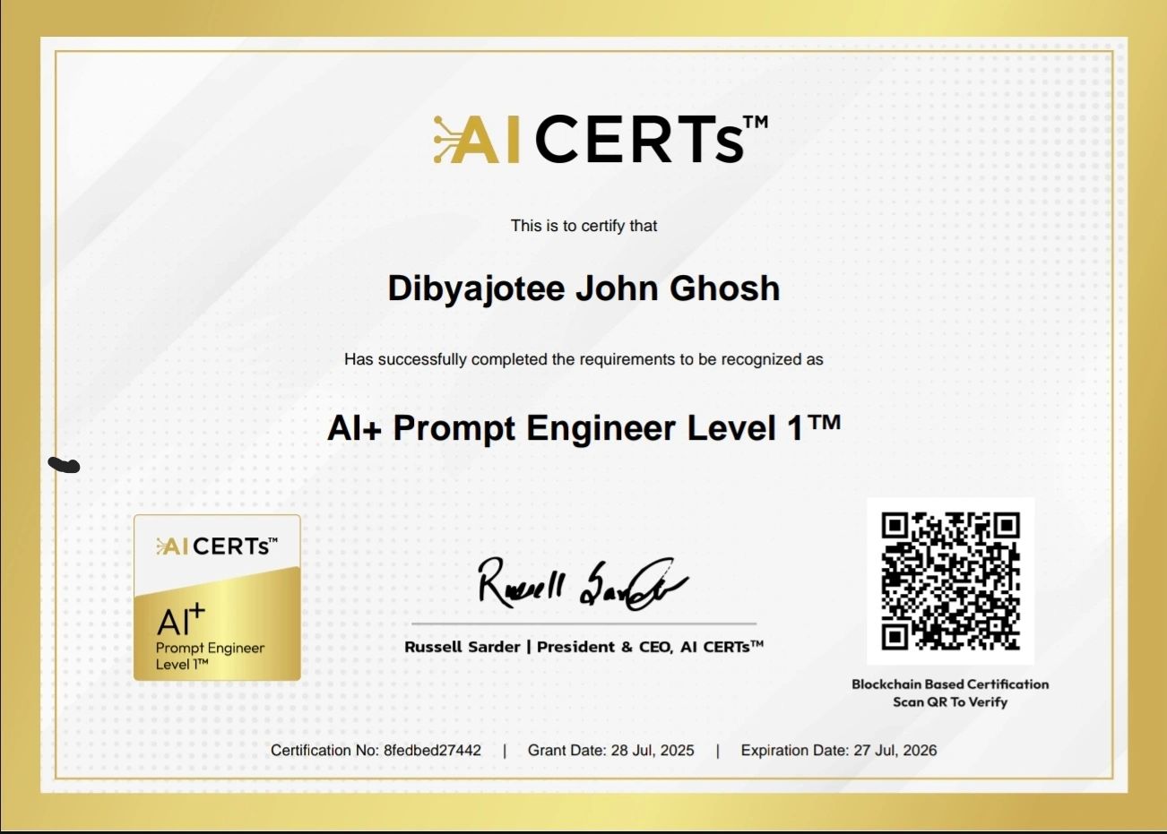 Certificate Earned By Dibyajotee John Ghosh