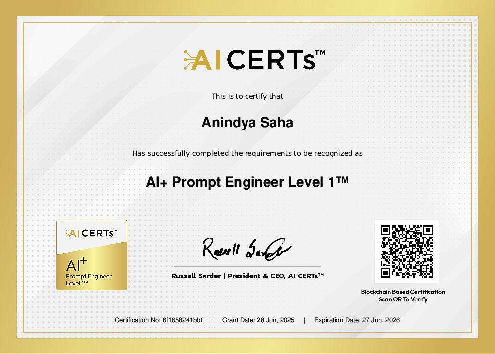 Certificate Earned By Anindya Saha