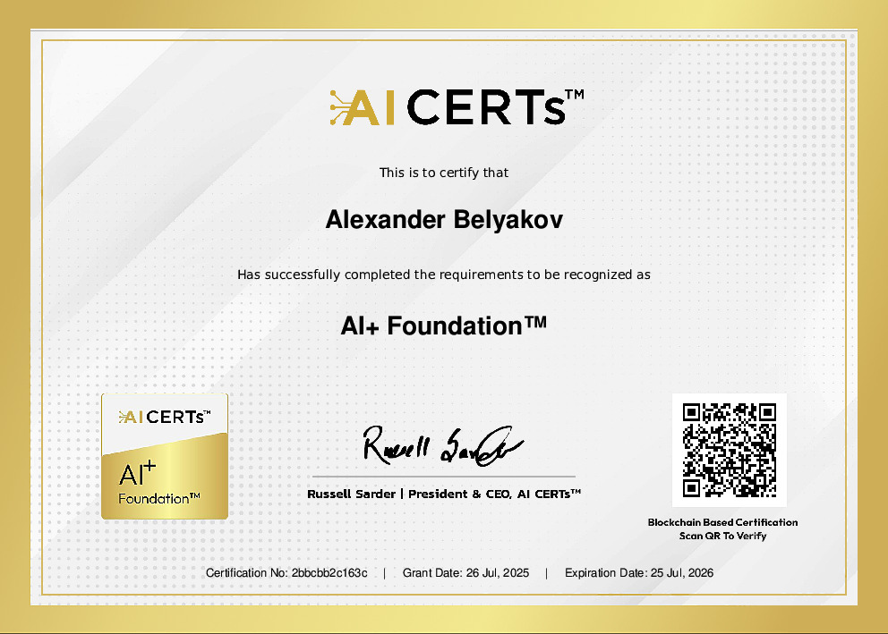 Certificate Earned By Alexander Belyakov