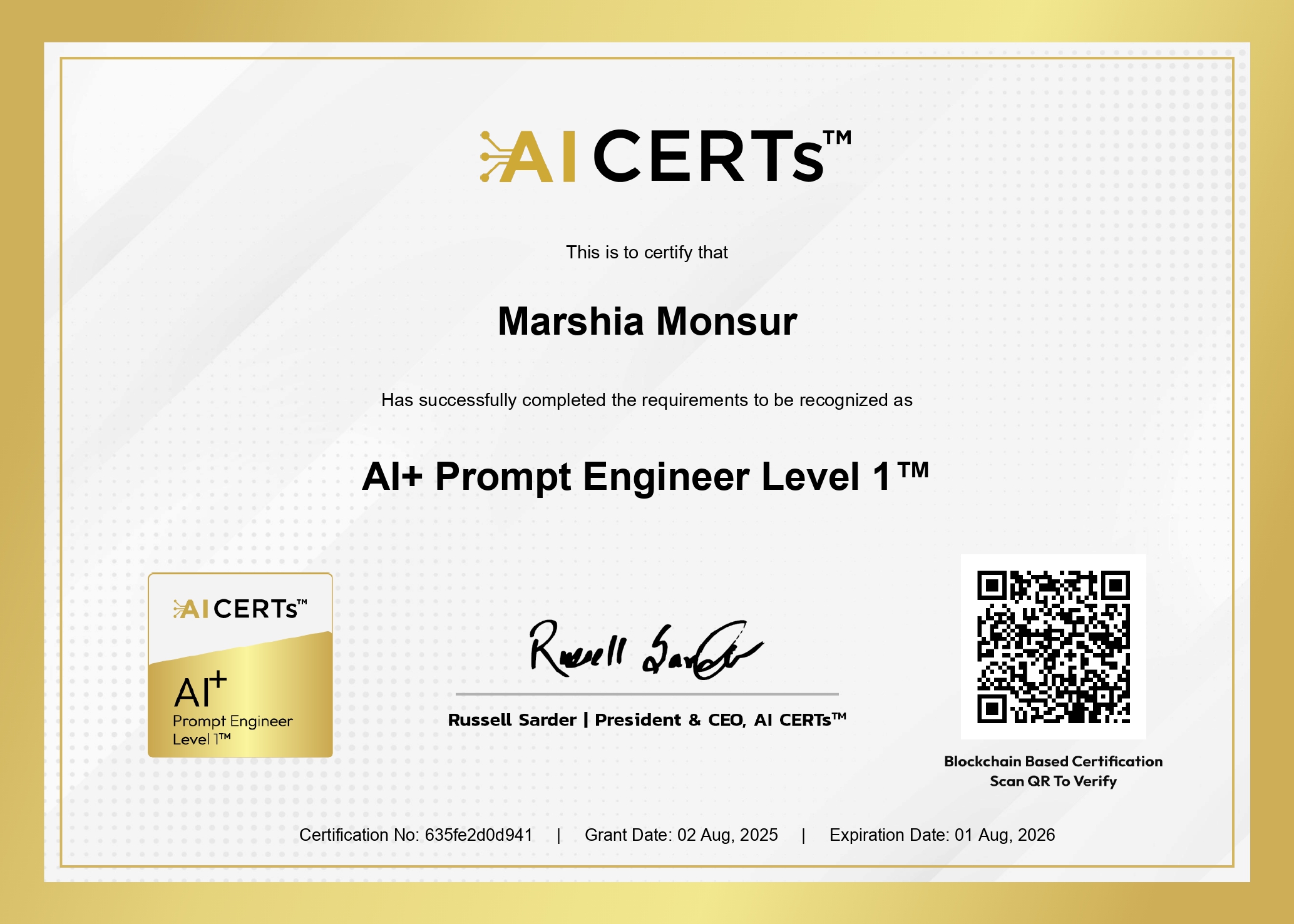 Certificate Earned By Marshia (Mim) Monsur