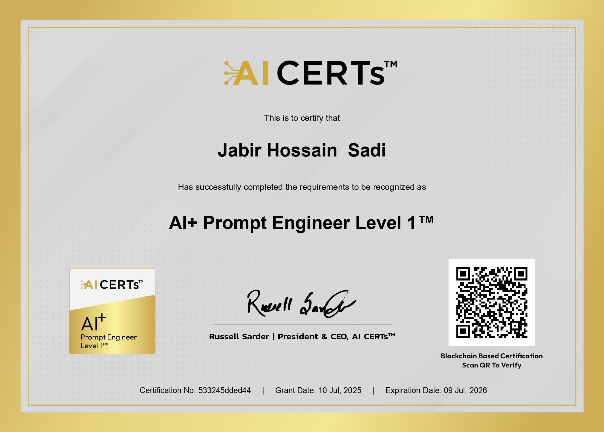 Certificate Earned By Jabir Hossain Sadi