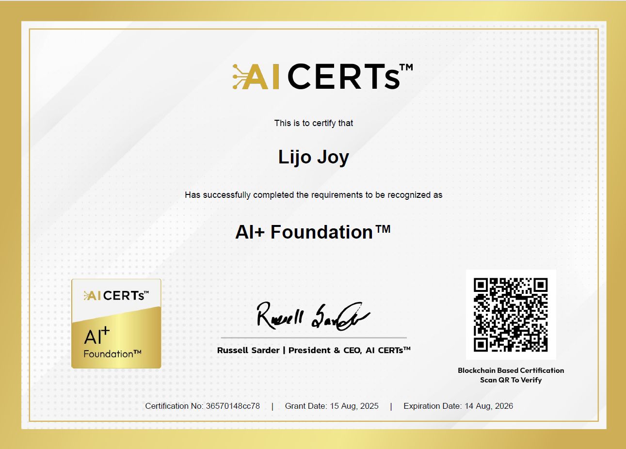 Certificate Earned By Lijo Joy