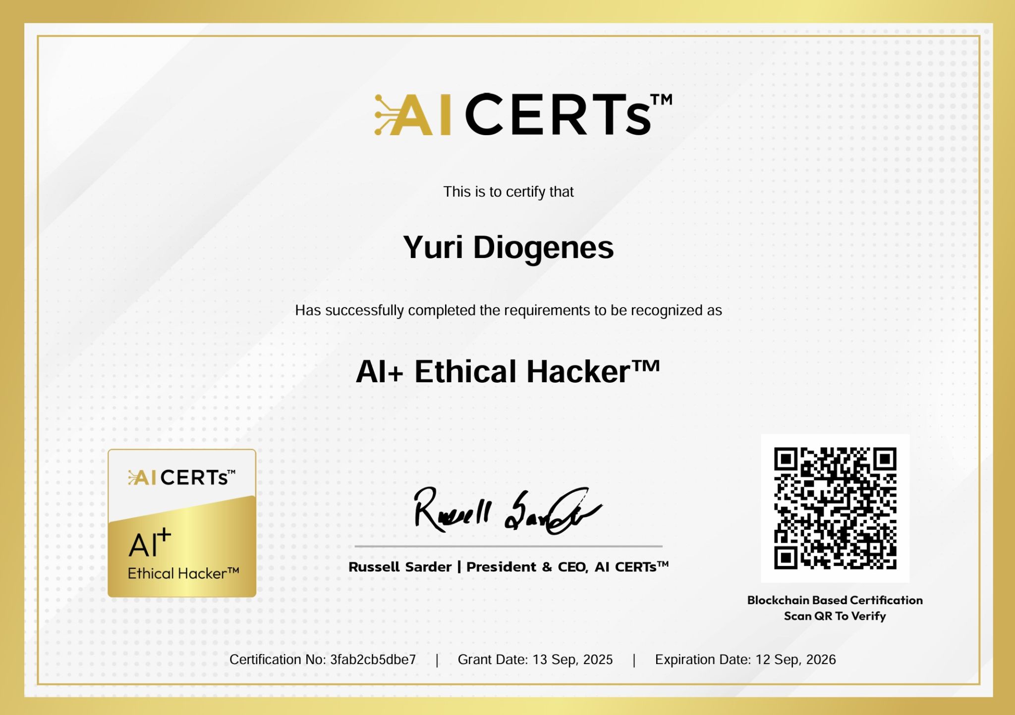 Certificate Earned By Yuri Diogenes, PhD Cybersecurity