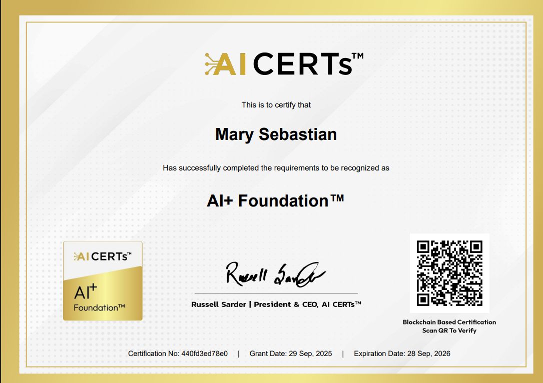 Certificate Earned By Mary Sebastian