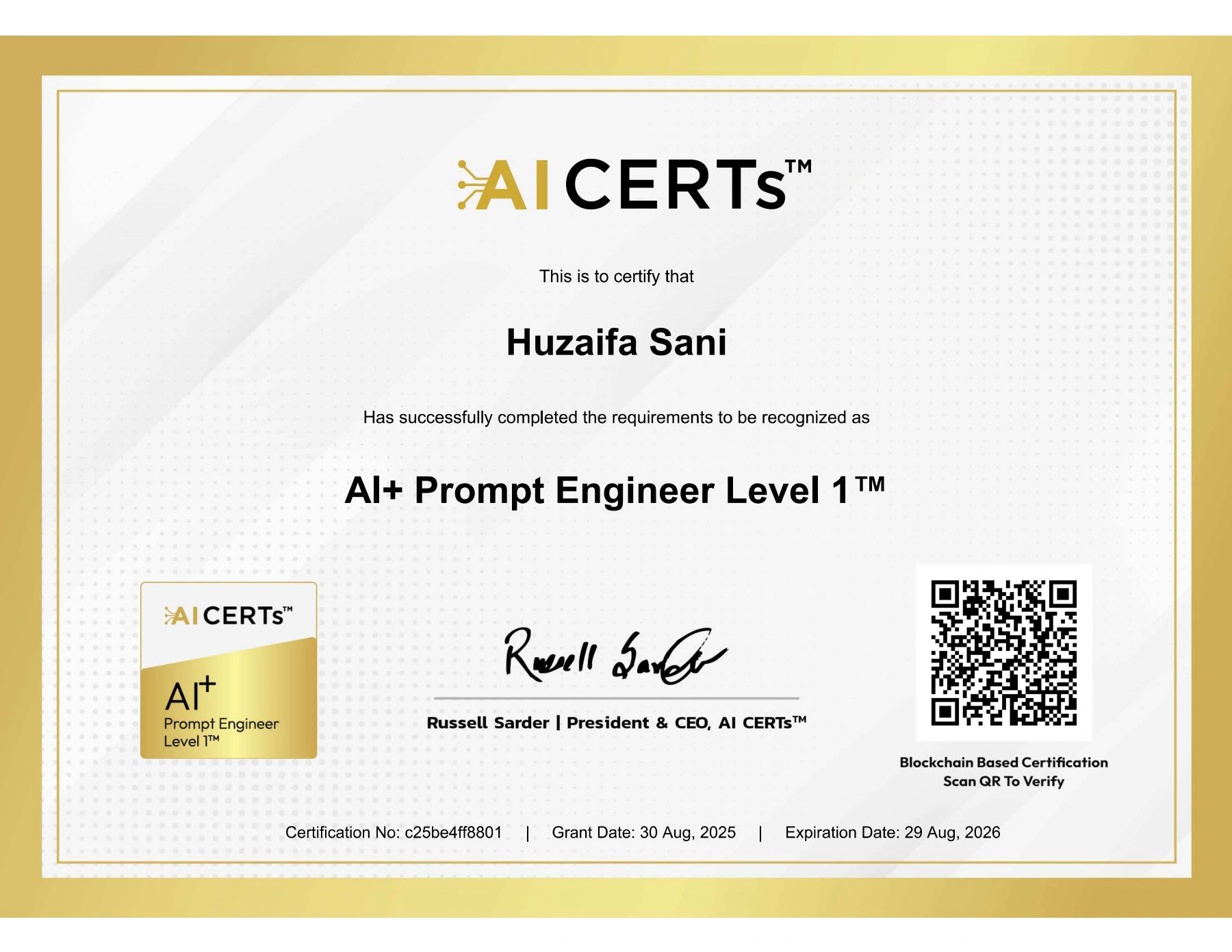Certificate Earned By Huzaifa Sani
