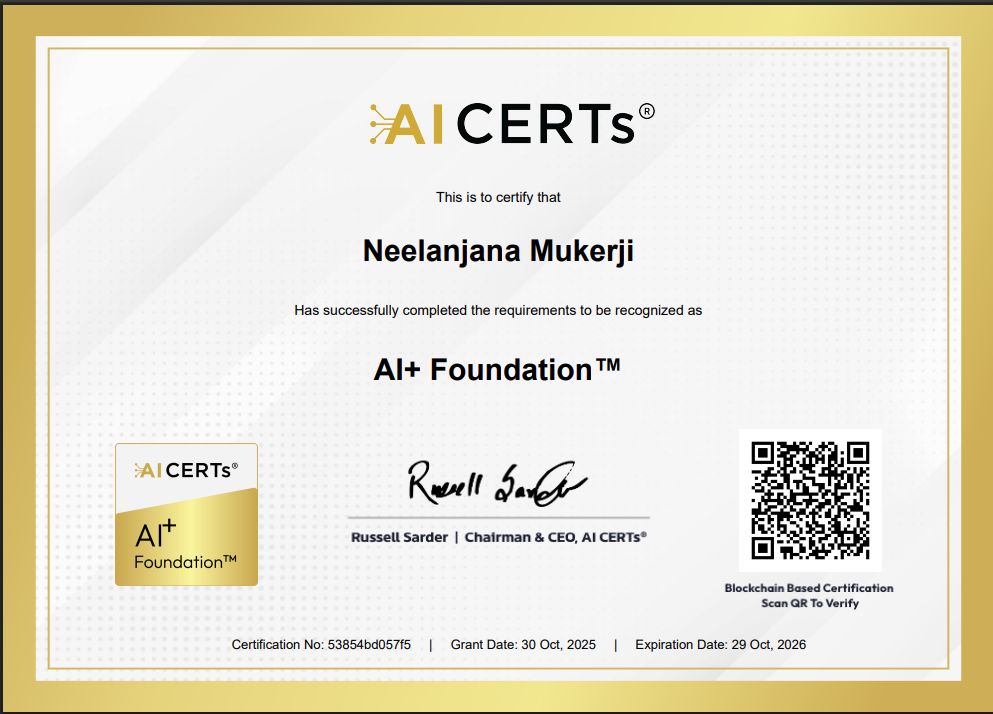 Certificate Earned By Neelanjana Mukerji