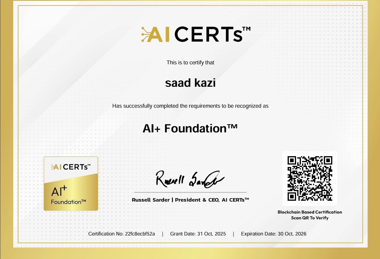 Certificate Earned By Sa’ad Kazi