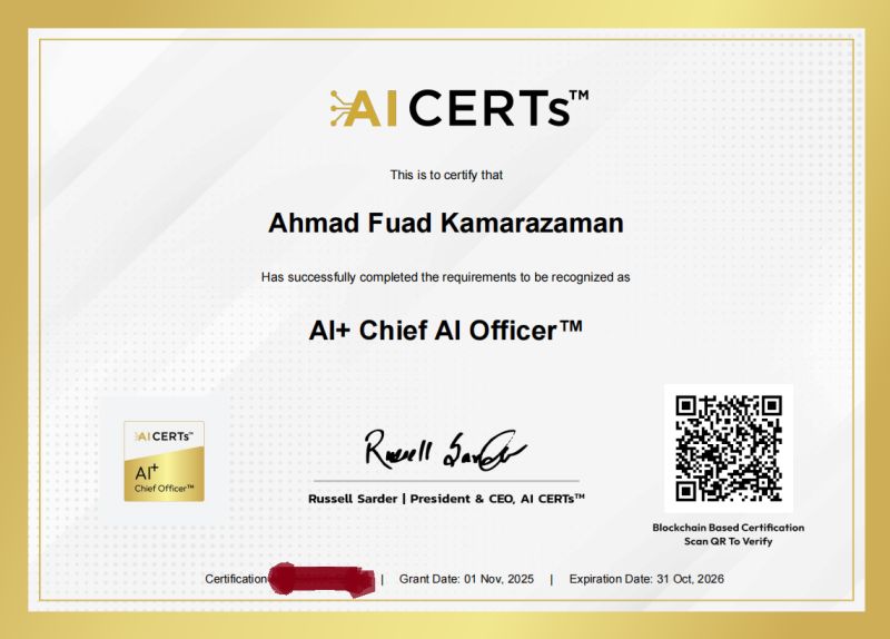 Certificate Earned By Ahmad Fuad Kamarazaman