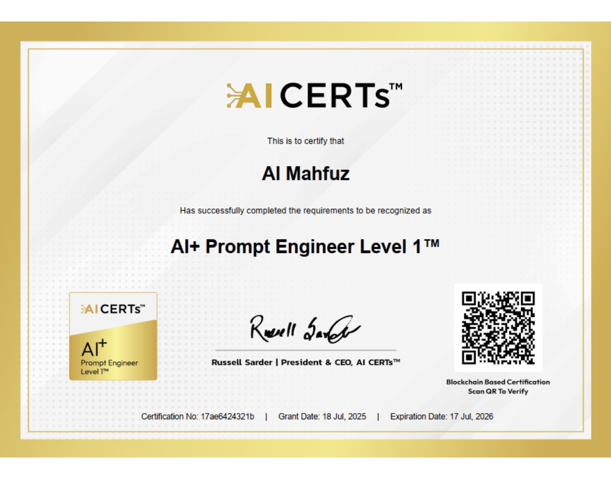 Certificate Earned By Al Mahfuz