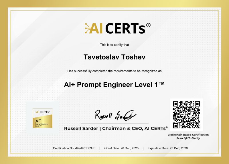 Certificate Earned By Tsvetoslav Toshev