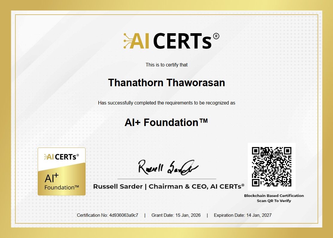 Certificate Earned By Thanathorn Thaworasan