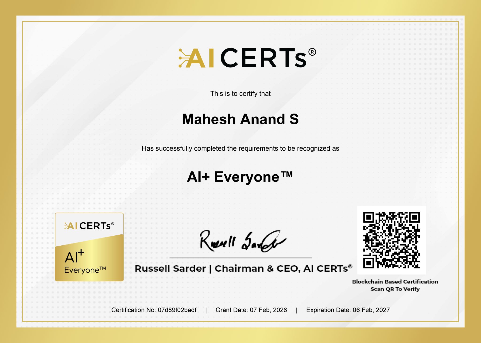 Certificate Earned By Mahesh Anand.S