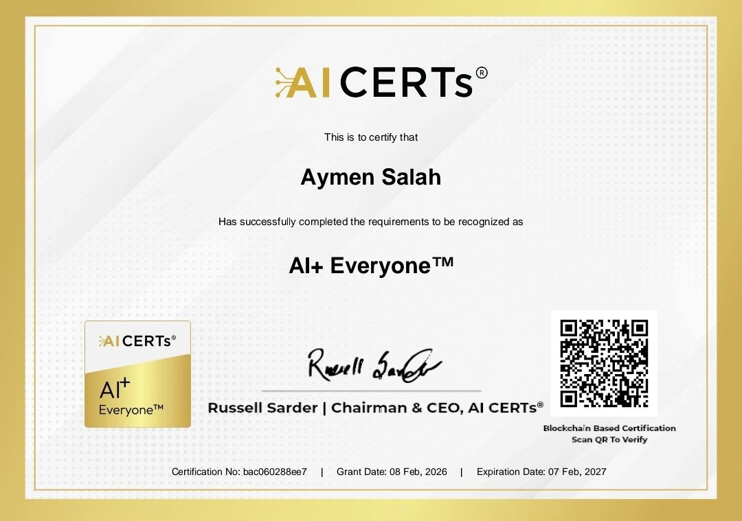 Certificate Earned By Aymen Salah PfMP®,PMP®, PMI-RMP®, PMOCP™, P3O®, CPMAI™, GPM-b™