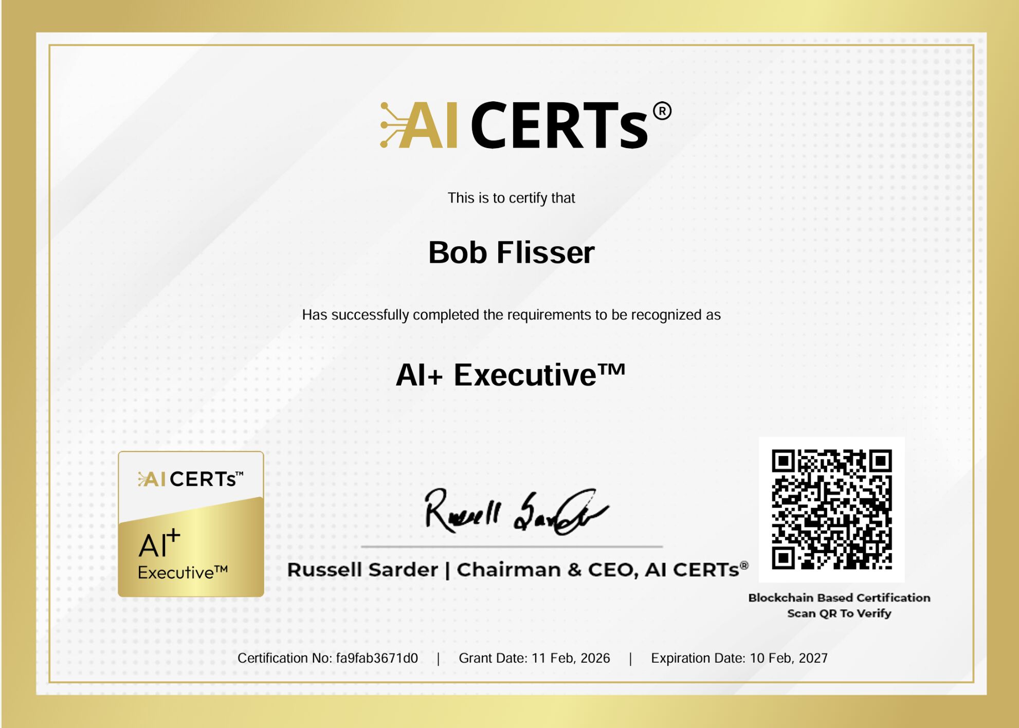 Certificate Earned By Bob Flisser