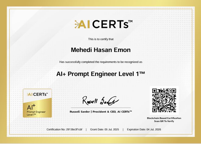 Certificate Earned By Mehedi Hasan Emon