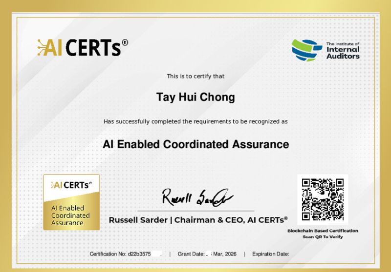 Certificate Earned By Ts. Dr. Tay Hui Chong – CAIO, CRISC, CBCP, FMVA, ESG, DBA, QRD