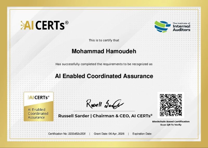 Certificate Earned By Mohammad Hamoudeh, CIA, CRMA, CFE