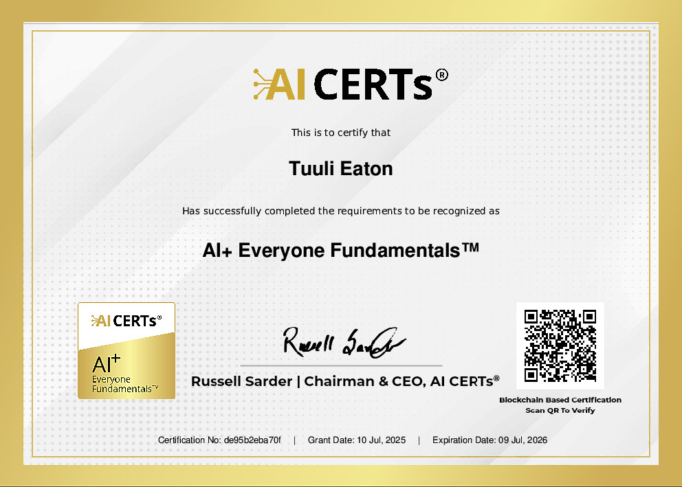 Certificate Earned By Tuuli Eaton