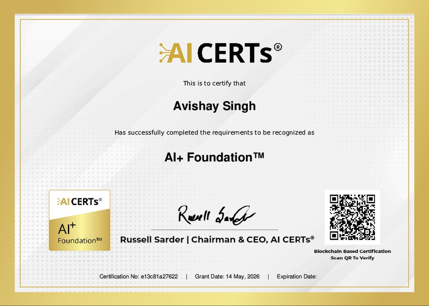 Certificate Earned By Avishay Singh